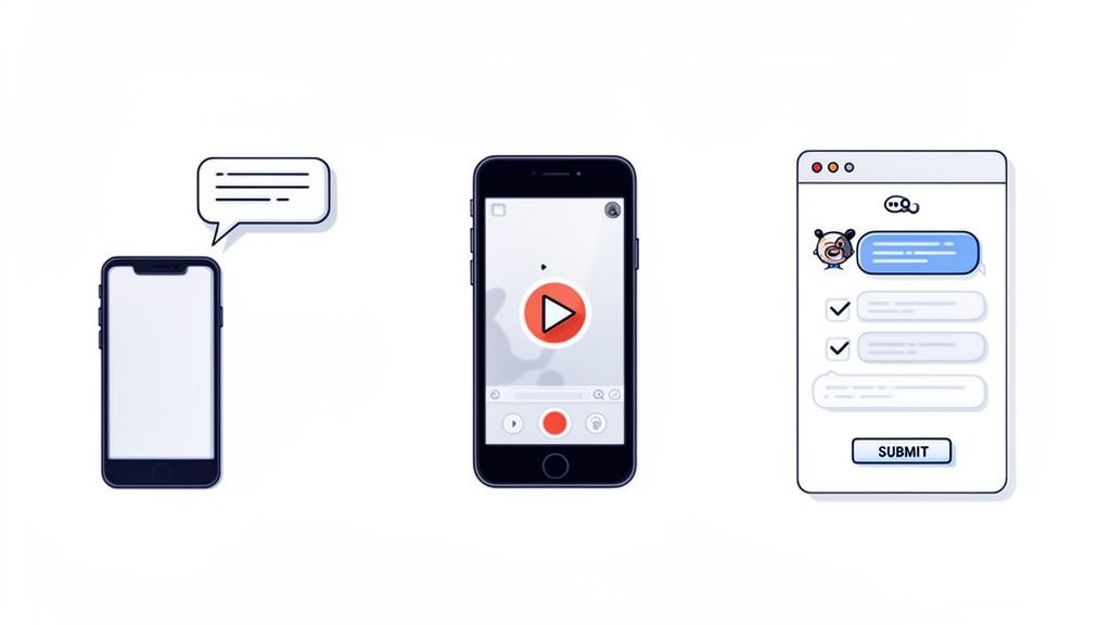 Illustrations depicting digital interactions: messaging, video playback on a smartphone, and an online questionnaire.