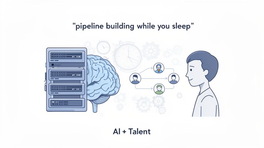 Illustration showing AI (server rack, brain) collaborating with talent (people network, person) for efficient pipeline building.