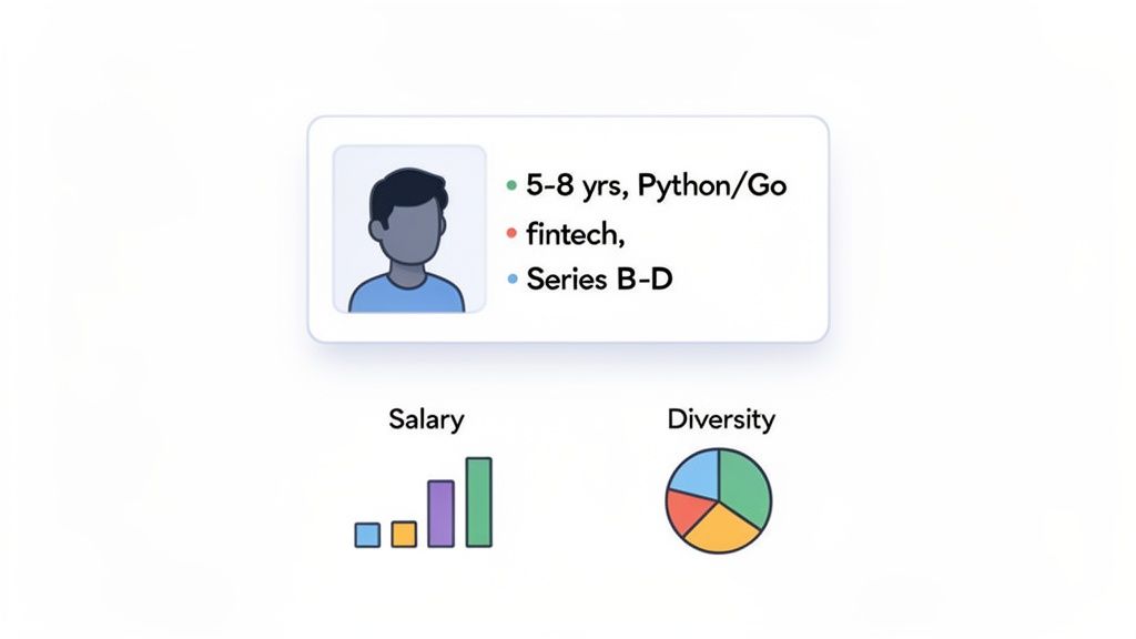 A profile card displaying candidate criteria including experience, skills, industry, and funding stage, with salary and diversity charts.