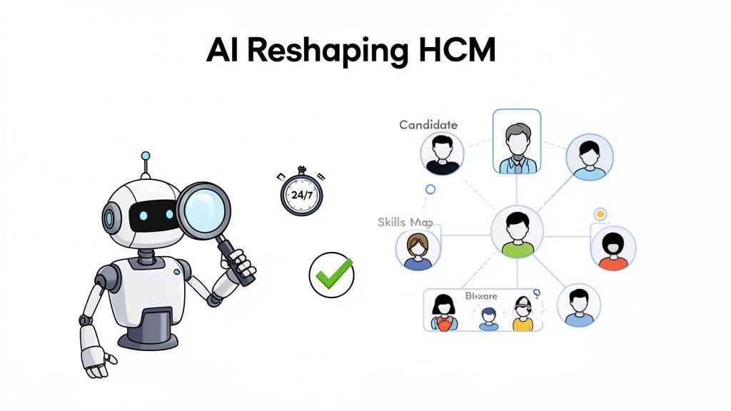 AI robot with magnifying glass and 24/7 icon, analyzing a network of candidates and skills for HCM.