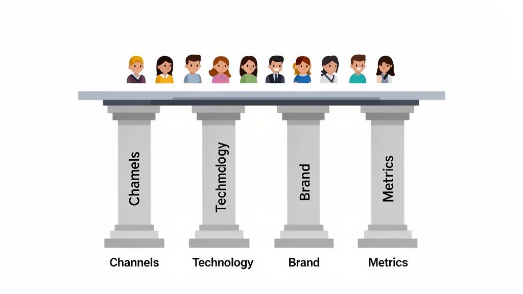 Illustration showing diverse people supported by four pillars representing Channels, Technology, Brand, and Metrics.