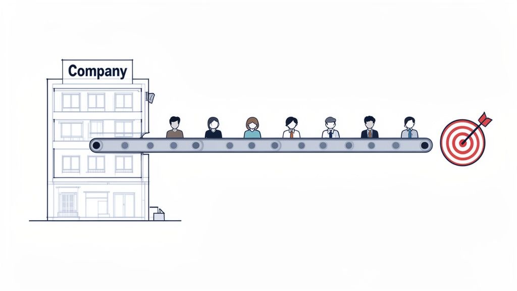 Illustration of a company building, employees on a conveyor belt, and a target with an arrow hitting the bullseye.