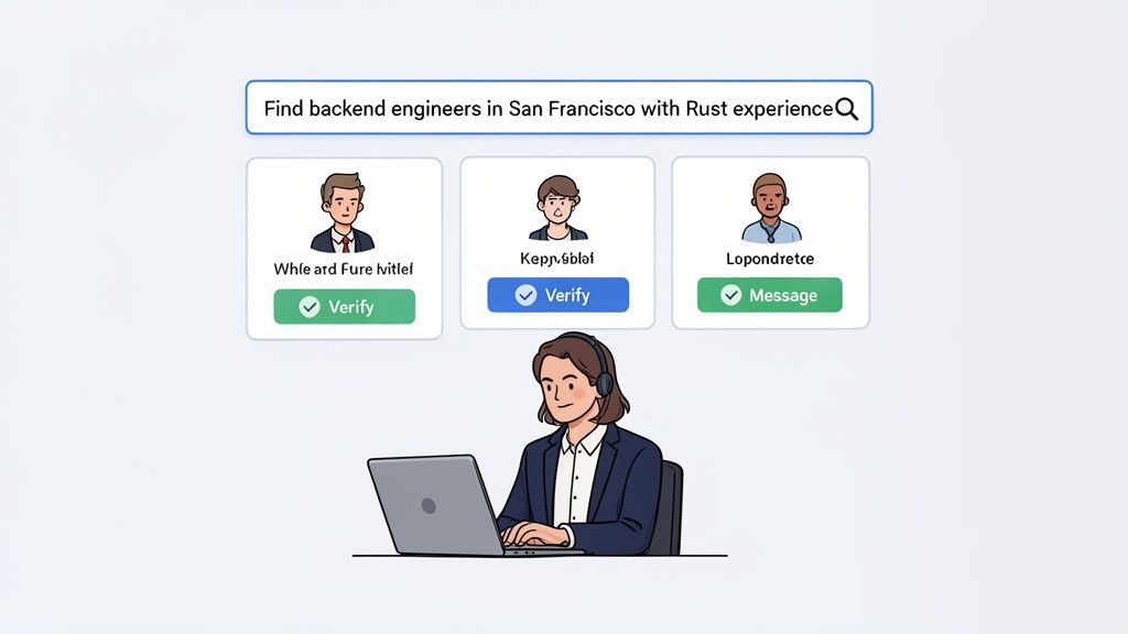 A person uses a recruitment platform on a laptop to find engineers by specific criteria.