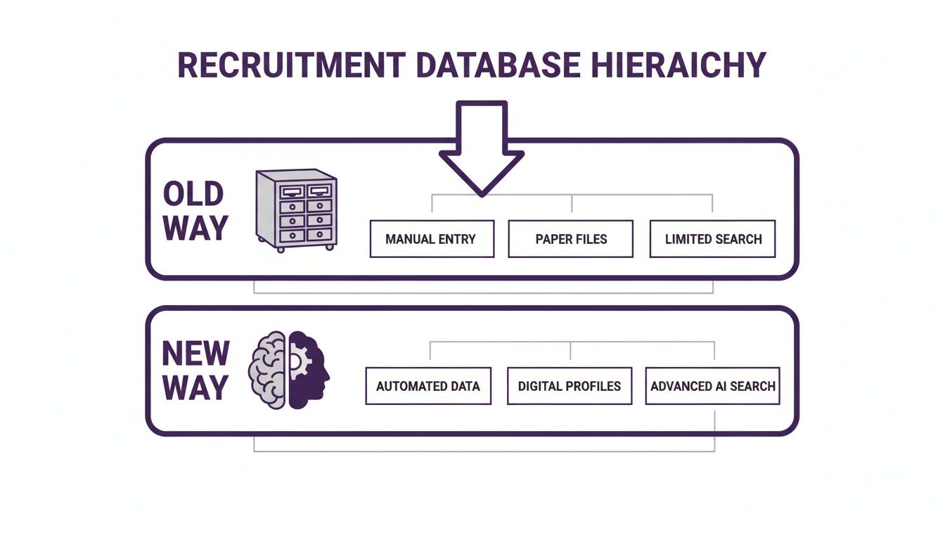 An infographic comparing old manual recruitment database methods with new automated and AI-driven approaches.