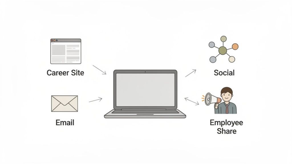 A diagram illustrating various recruiting marketing channels feeding into a central laptop.