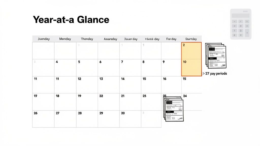 Calendar showing a month's pay periods, with highlighted dates and pay stubs, titled 'Year-at-a Glance'.