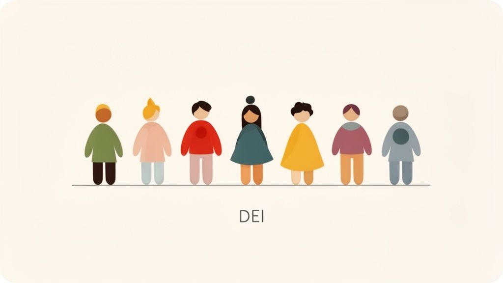 Seven diverse, stylized figures representing diversity, equity, and inclusion (DEI) stand in a line, which is an example of an employer branding best practices visual.