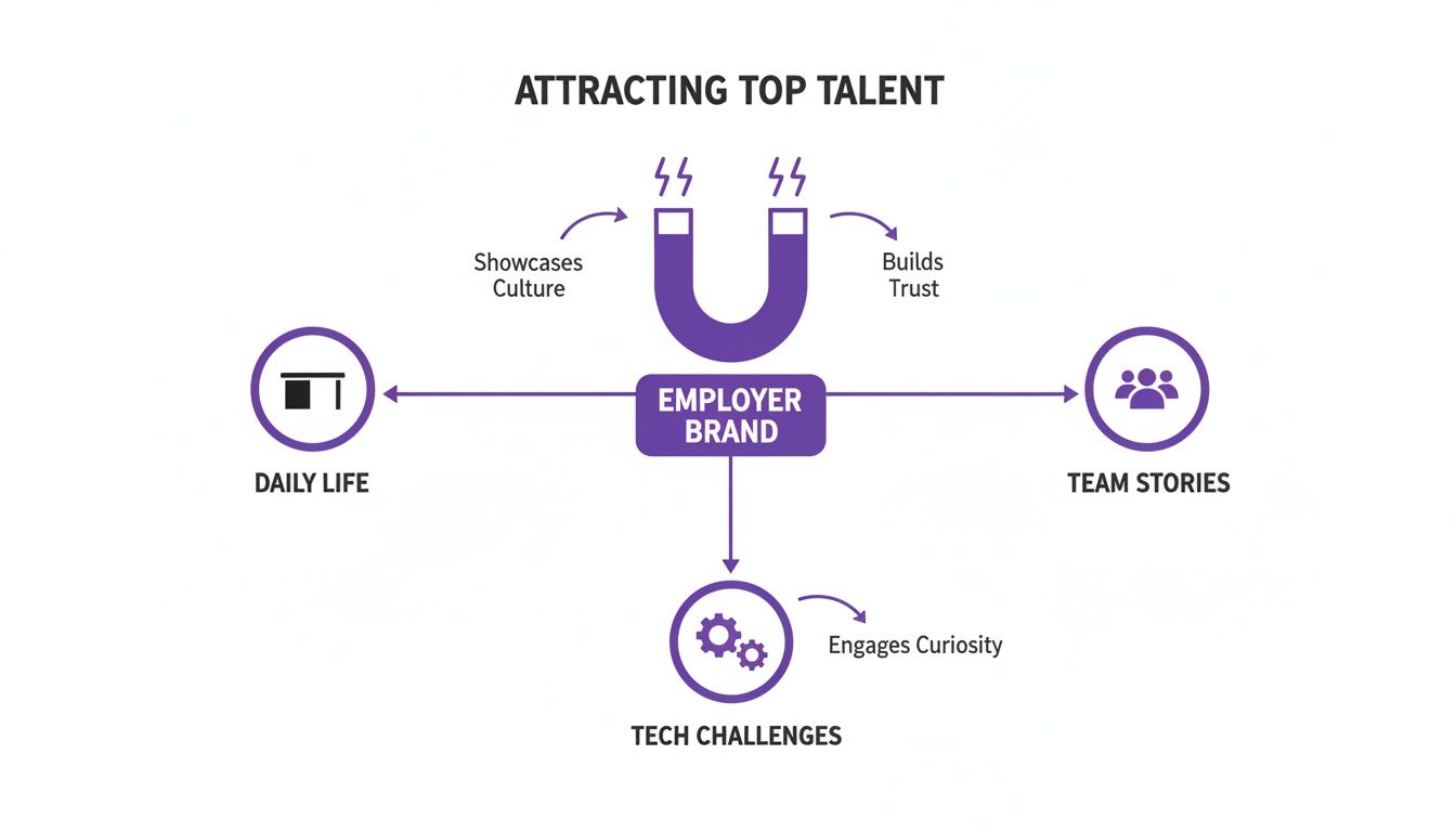 Diagram showing employer brand attracting talent through daily life, team stories, tech challenges, culture, and trust.