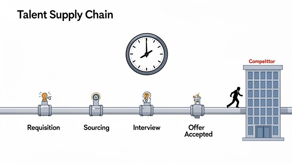 time to fill metrics Pipeline diagram of the talent supply chain, emphasizing time and the risk of losing candidates to competitors.