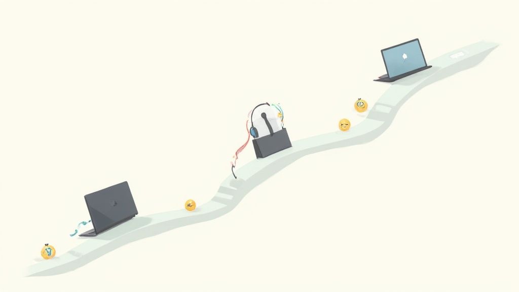 Padlock with winding path connecting laptops symbolizing secure hiring process and recruitment workflow