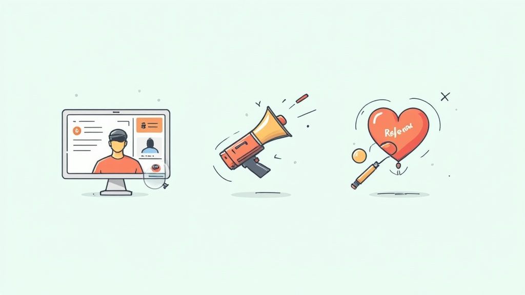 Three illustrations showing recruitment process: computer screen with candidate profile, megaphone, and heart-shaped referral symbol