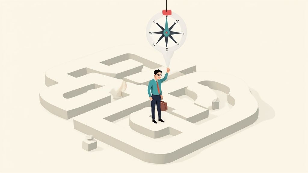 Businessman holding compass navigating complex maze representing recruitment strategy and hiring process optimization