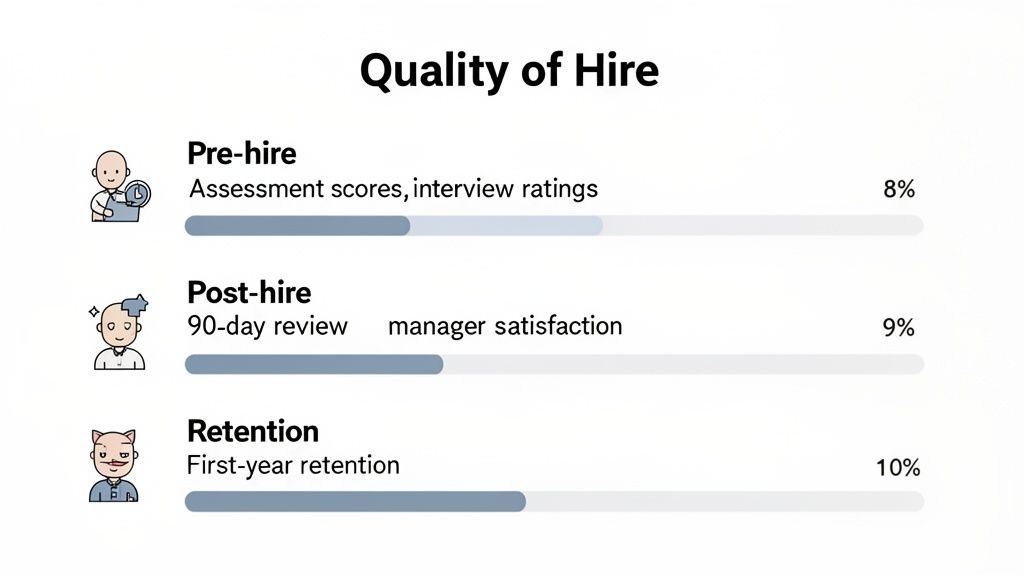 A bar chart illustrating Quality of Hire metrics: Pre-hire (8%), Post-hire (9%), and Retention (10%).