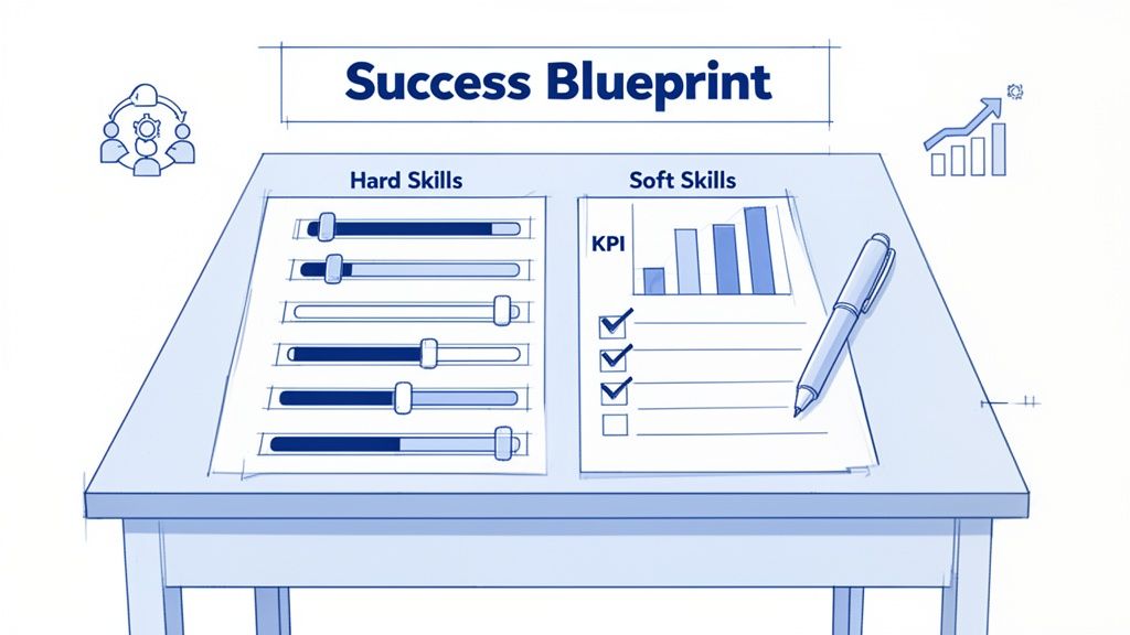 Illustration of a success blueprint for talent evaluation, showing hard skills sliders and soft skills KPIs.