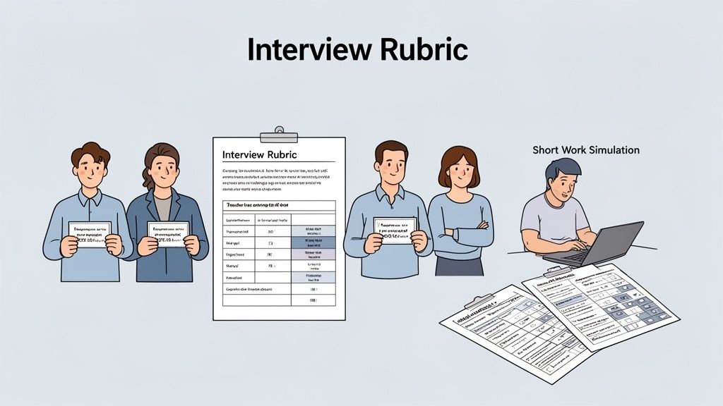 Illustrations of an interview rubric, evaluation forms, and a short work simulation for talent assessment.